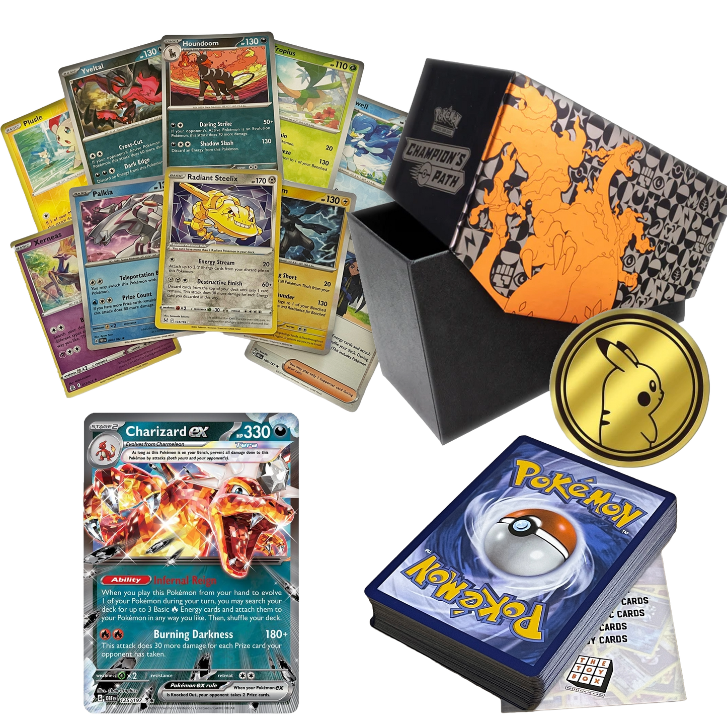 Ultimate Shiny Box Bundle - 50 Random Cards Guaranteed 10 Holos + 1 Rare Shiny Card + 1 Coin Plus The Toy Box Card Compatible with Pokemon TCG