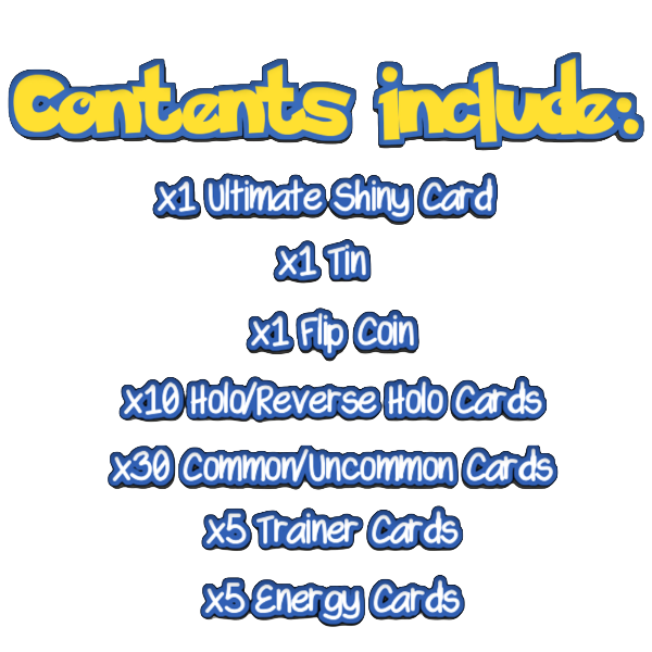 Ultimate Shiny Tin Bundle - 50 Random Cards Guaranteed 10 Holos + 1 Rare Shiny Card + 1 Coin Plus The Toy Box Card Compatible with Pokemon TCG