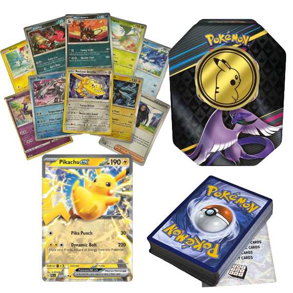 Ultimate Shiny Tin Bundle - 50 Random Cards Guaranteed 10 Holos + 1 Rare Shiny Card + 1 Coin Plus The Toy Box Card Compatible with Pokemon TCG