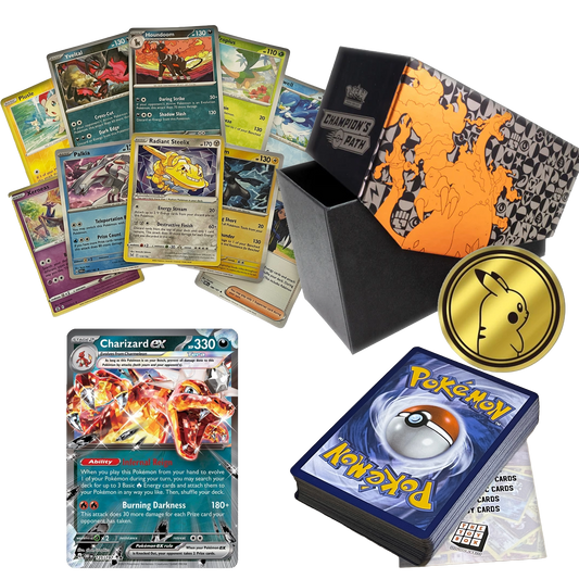 Ultimate Shiny Box Bundle - 50 Random Cards Guaranteed 10 Holos + 1 Rare Shiny Card + 1 Coin Plus The Toy Box Card Compatible with Pokemon TCG