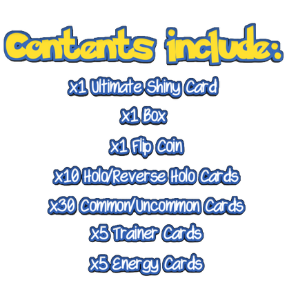 Ultimate Shiny Box Bundle - 50 Random Cards Guaranteed 10 Holos + 1 Rare Shiny Card + 1 Coin Plus The Toy Box Card Compatible with Pokemon TCG