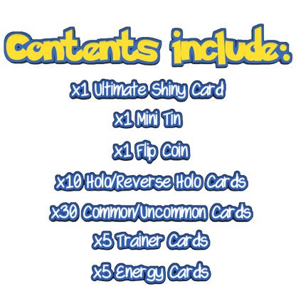 Ultimate Shiny Mini Tin Bundle - 50 Random Cards Guaranteed: 10 Holos, 1 Rare Shiny, 1 Coin & The Toy Box Card - Compatible with Pokemon TCG