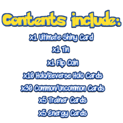 Ultimate Shiny Tin Bundle - 50 Random Cards Guaranteed 10 Holos + 1 Rare Shiny Card + 1 Coin Plus The Toy Box Card Compatible with Pokemon TCG