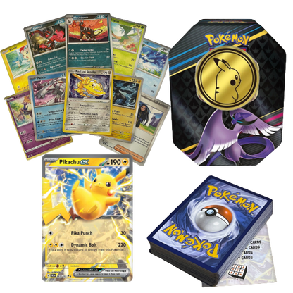 Ultimate Shiny Tin Bundle - 50 Random Cards Guaranteed 10 Holos + 1 Rare Shiny Card + 1 Coin Plus The Toy Box Card Compatible with Pokemon TCG