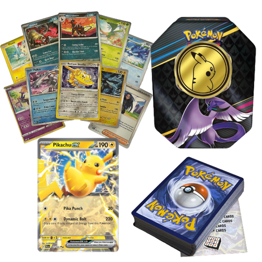 Ultimate Shiny Tin Bundle - 50 Random Cards Guaranteed 10 Holos + 1 Rare Shiny Card + 1 Coin Plus The Toy Box Card Compatible with Pokemon TCG