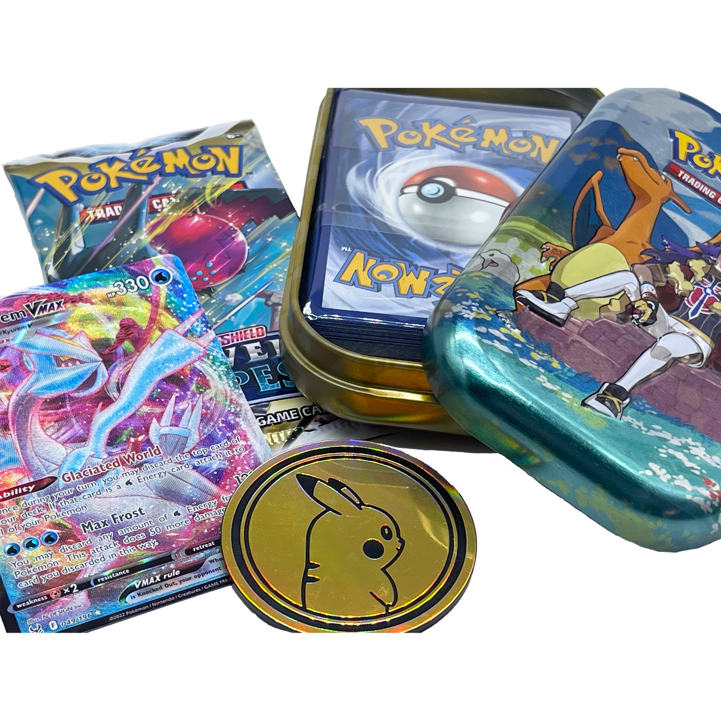 Pokémon Mini Tin Bundle – 50 cartes Pokémon assorties, x1 booster scellé, x1 carte ultra rare et pièce de jeu